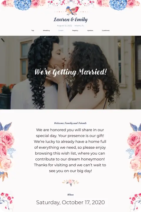 Love Birds theme thumbnail, theme showcasing a floral header and footer with pink roses and blue accents, styled for a clean and romantic presentation.