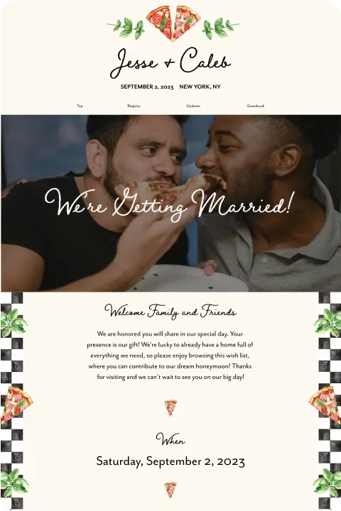 Slice of Love theme thumbnail, featuring an elegant header with stylized heart-shaped illustrations incorporating pizza elements, reflecting a playful yet romantic motif.